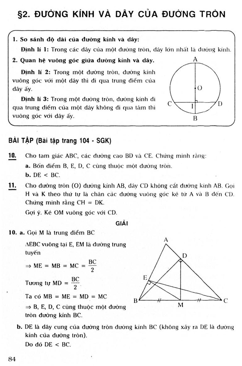 Giải Hình học 9 Chương 2 Bài 2: Đường kính và dây của đường tròn